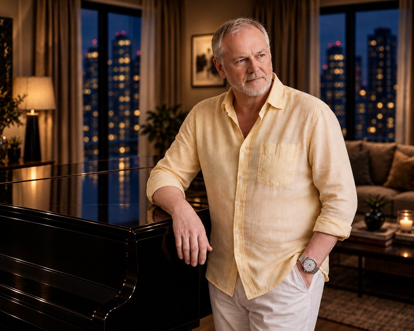 Peter Pickering beside a black grand piano