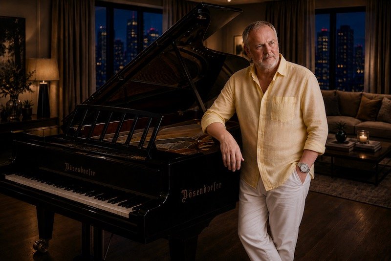 Peter Pickering beside a Bösendorfer grand piano